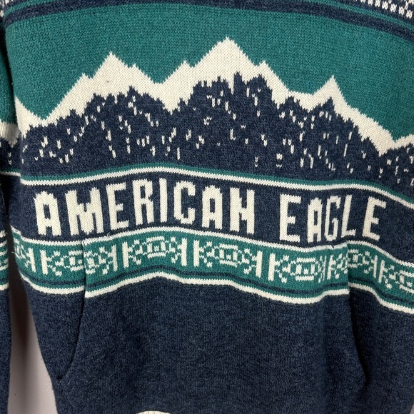American Eagle Men's Green Blue Cotton Wool Blend Knit Medium Sweater Hoodie - Picture 8 of 11